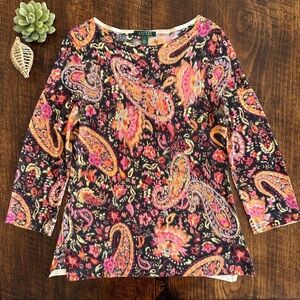 Lauren Ralph Lauren | 100% Silk Lightweight Paisley Sweater with 3/4 Sleeves